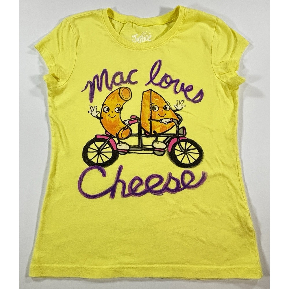 Justice Graphic T-Shirt Mac Loves Cheese Y2K 2010 Yellow Food Pun Girls Size 10
